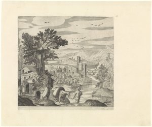 Landschaft mit einem Bauern und seinem Esel von Johann Sadeler (I)