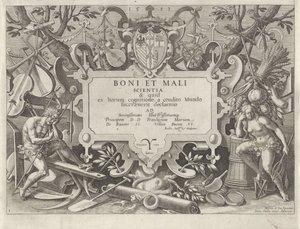 Ornamentaler Rahmen mit Adam und Eva (Geschichte der Familie Kains / Über gute und schlechte Werke) (Boni et mali scientia) von Johann Sadeler (I)