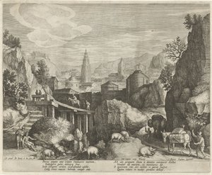 Felsenlandschaft mit der Fabel vom Esel und dem Wildschwein von Johann Sadeler (I)