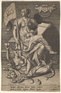 Fiducia, eine sitzende Frau hält ein Buch und ein Banner, während sie ihren Kopf von einem nackten Mann abwendet