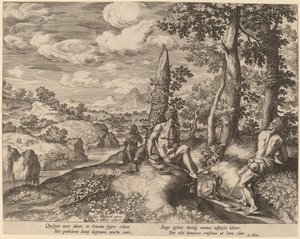 Landschaft mit drei nackten Männern und einem Hund von Johann Sadeler I