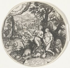 Gott spricht mit Adam und Eva im Paradies von Johann Theodor de Bry