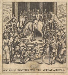 Männer sammeln Dung, der aus den Hinterteilen eines Maultiers fällt, mit einem Reiter von Johann Theodor de Bry