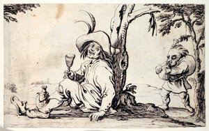 Landmann sitzt und erfrischt sich und ein Zwerg mit Dudelsack von Johann Wilhelm Baur