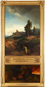 Abrahams Bitte für Sodom (oben). Die Flucht Lots (unten). Aus dem Zyklus "Zwölf biblische Landschaften mit der Geschichte Abrahams" von Johann Wilhelm Schirmer