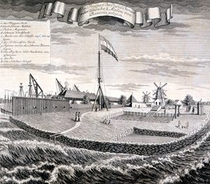Holz- oder Sägemühle der Niederländischen Ostindien-Kompanie auf der Insel zwei Meilen von Batavia, veröffentlicht 1744 von Johann Wolfgang Heydt