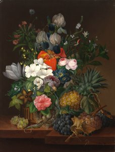 Stillleben mit einer Eidechse und Blumen