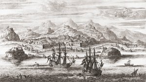 Niederländische Schiffe vor Maskat, Oman im 17. Jahrhundert (Druck) von Johannes (after) Kip