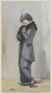 Stehende Dame im langen Mantel mit Pelz