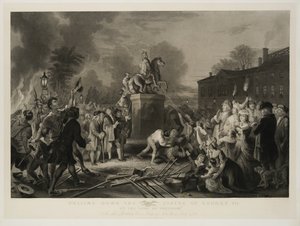 Sturz der Statue von George III durch die Sons of Freedom am Bowling Green, New York City, Juli 1770, graviert von John C. McRae