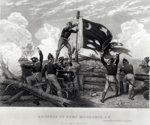 Der Heldentum von Sergeant William Jasper bei der Verteidigung von Fort Moultrie, South Carolina, 12. Mai 1780, graviert von G.R. Hall