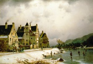 Eine Winterflusslandschaft mit Figuren, die auf dem Eis bei einem Dorf Schlittschuh laufen von Johannes Bartolomaus Duntze