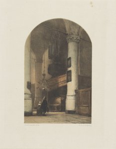 Kircheninterieur mit zwei Figuren und Orgel