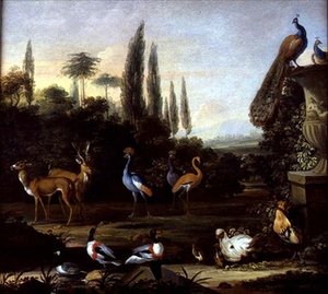 Ein Parklandschaft mit Hirschen und exotischen Vögeln von Johannes Bronckhorst