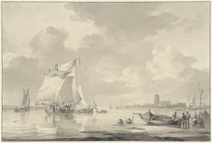 Flussansicht mit einigen Schiffen, im Hintergrund eine Stadt von Johannes Christiaan Schotel