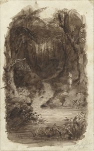 Mann im tropischen Wald, stehend am Wasser von Johannes Christiaan d