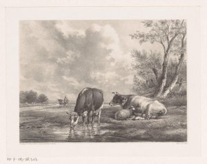 Zwei Kühe und ein Schaf am Wasser von Johannes Christiaan d