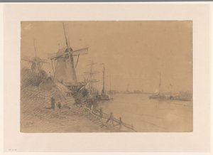 Mühlen bei Dordrecht entlang des Flusses mit Schiffen von Johannes Gijsbert Vogel