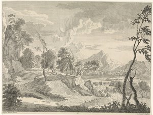 Hügelige Landschaft mit Wasserfall von Johannes Glauber