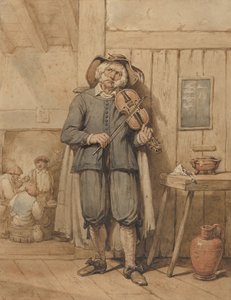 Ein Geiger in einer Taverne, mit drei Männern im Hintergrund, Mitte des 19. Jahrhunderts von Johannes Hendrik van West