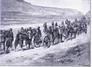 Eine Batterie Feldgeschütze auf dem Weg nach Ichon, Illustration aus Cassells Geschichte des Russisch-Japanischen Krieges Band 1, ca. 1900 von Johannes Hermann Barend Koekkoek