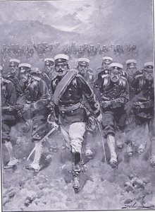 Ein Angriff der japanischen Infanterie, Illustration aus Cassells Geschichte des Russisch-Japanischen Krieges Band 1, ca. 1900