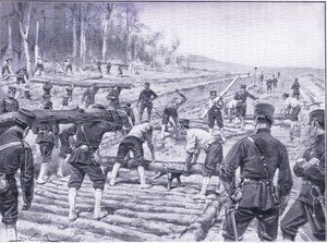 Japanische Ingenieure bauen eine Holzstraße für Truppen, Illustration aus Cassells Geschichte des Russisch-Japanischen Krieges Band 1, ca. 1900 von Johannes Hermann Barend Koekkoek