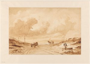 Landschaft mit Weg zwischen Dünen zum Meer von Johannes Hermanus Barend Koekkoek