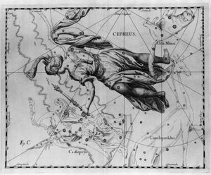Das Sternbild des Kepheus, König von Äthiopien. Tafel aus „Firmamentum Sobiescanum sive Uranographia“ von Johannes Hevelius