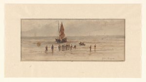 Strandansicht mit Fischern und Segelschiff von Johannes Huygens (signed by artist)