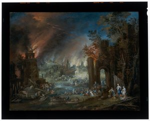 Landschaft mit Lot und seinen Töchtern und dem brennenden Sodom im Hintergrund von Johannes Jakob Hartmann