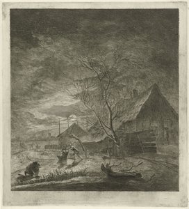 Nachtlandschaft mit Bauernhof und Schlittschuhläufern