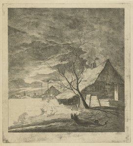 Nachtlandschaft mit Bauernhof und Schlittschuhläufern