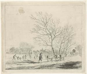 Winterlandschaft mit Kühen und Schlittschuhläufern