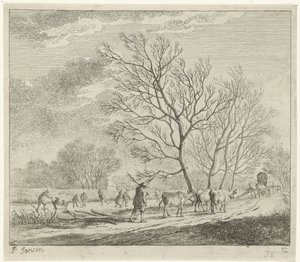Winterlandschaft mit Kühen und Schlittschuhläufern