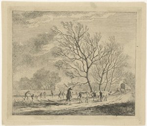 Winterlandschaft mit Kühen und Schlittschuhläufern von Johannes Janson