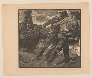 Arbeiter mit Seilen am Ufer