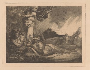 Landschaft mit Kornfeld, Mäher, Satyr und Frauenfiguren