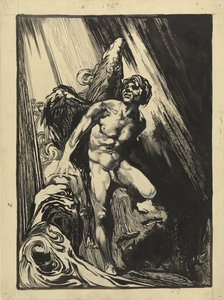 Luzifer in einer Felsenlandschaft bei einem Strom, aufblickend zum Licht