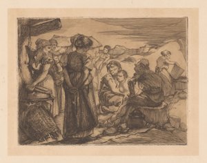 Mann, Frauen und Kind in hügeliger Landschaft von Johannes Josephus Aarts
