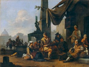 Italienische Bauern trinken an der Tür einer römischen Herberge von Johannes Lingelbach