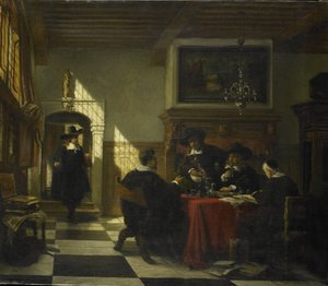 Gesellschaft in Tracht des 17. Jahrhunderts an einem Tisch mit einem Nautilusbecher von Johannes Stroebel