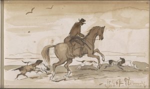 Landschaft mit einem Reiter und rennenden Hunden von Johannes Tavenraat
