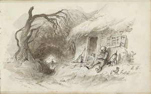 Mann, der vor einem Haus mit Strohdach bei einem Graben sitzt von Johannes Tavenraat