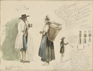 Pfeifenrauchender Mann, Frau mit Korb, Rosetten und ein Jagdhornbläser von Johannes Tavenraat