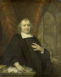 Porträt von Gaspar Fagel, Großpensionär von Holland nach 1672, im Hintergrund der Sitzungssaal der Staaten von Holland im Binnenhof in Den Haag von Johannes Vollevens (I) (copy after)