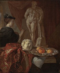 Stillleben und eine Frau an einer Staffelei von Johannes Voorhout