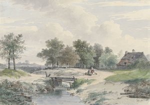 Landschaft mit Brücke und Figuren vor einem Bauernhof von Johannes Warnardus Bilders