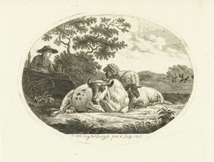 Kuh, Schaf und Widder auf der Weide und Bauer, der sich auf ein Tor lehnt von Johannes van Cuylenburgh