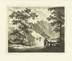 Landschaft mit Bauernhof und Hof mit Zaun